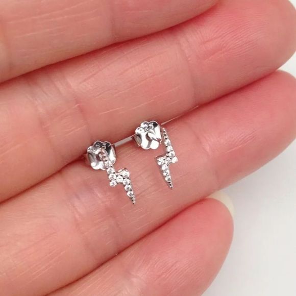 925 Sterling Silver Lightning Bolt Stud Earrings - Picture 4 of 9